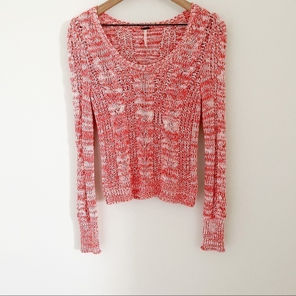 Free People Red | White Marled Cable Knit Sweater - Picture 2 of 7